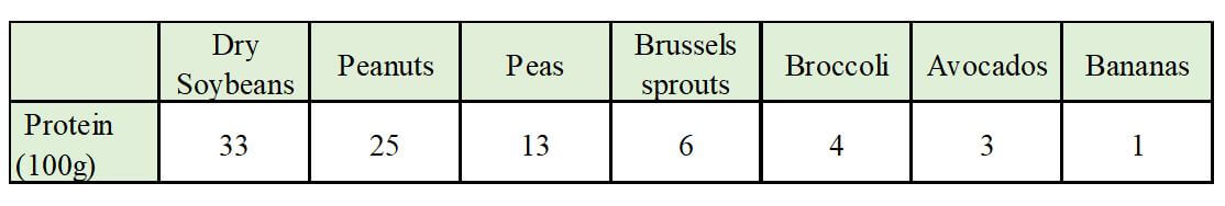 Exemple de teneur en protéines de diverses plantes