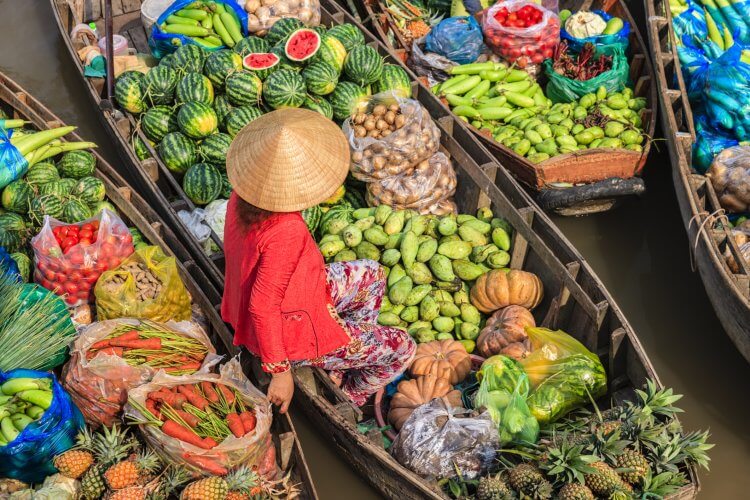 Mujer vietnamita vendiendo frutas en el mercado flotante, el delta del río Mekong, Vietnam