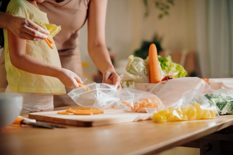 Mère enseignant sa fille emballant un légume dans la cuisine