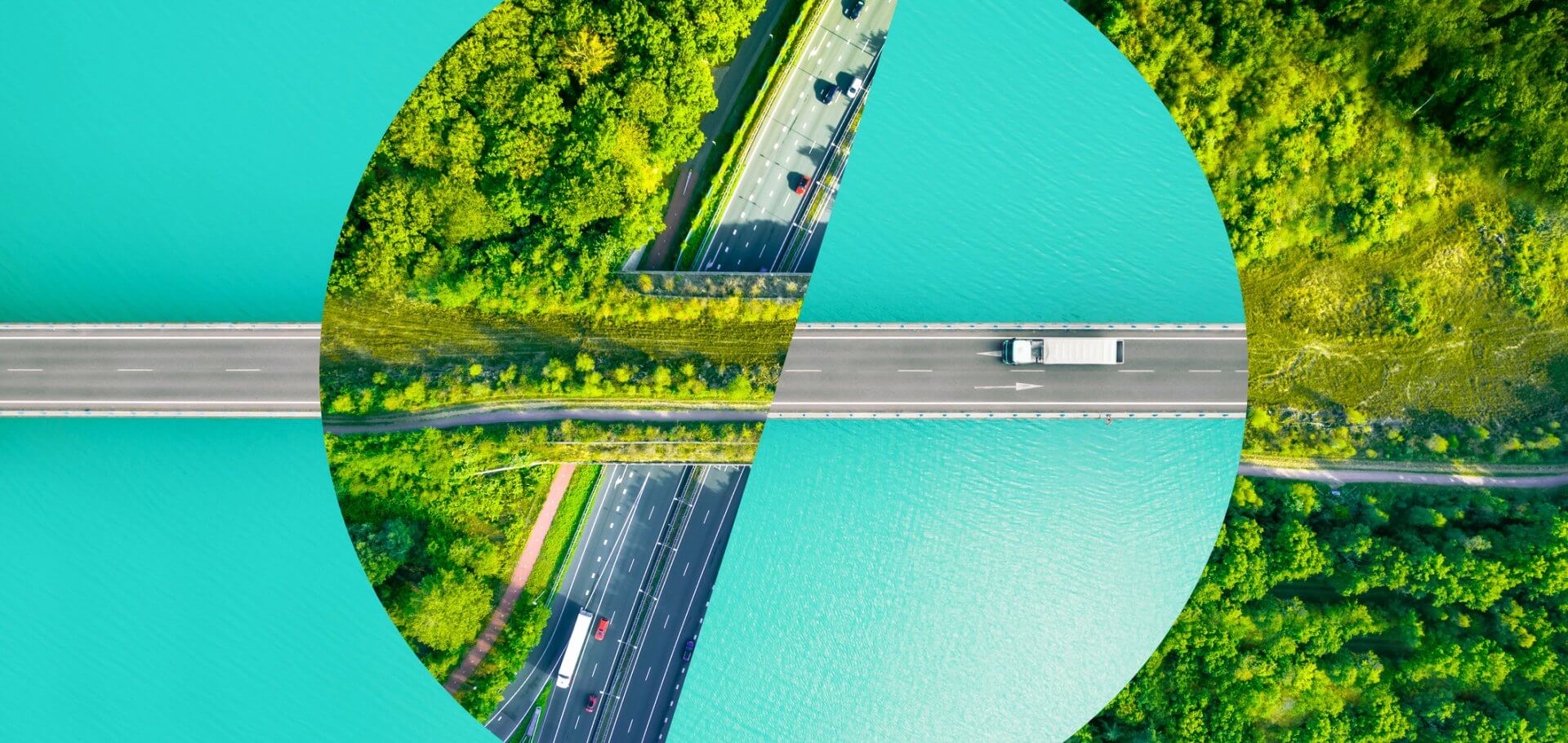 Creative picture montage with a circle shape, connecting different roads from directly above evoking sustainability.