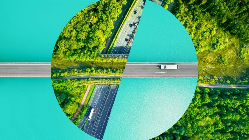 Creative picture montage with a circle shape, connecting different roads from directly above evoking sustainability.