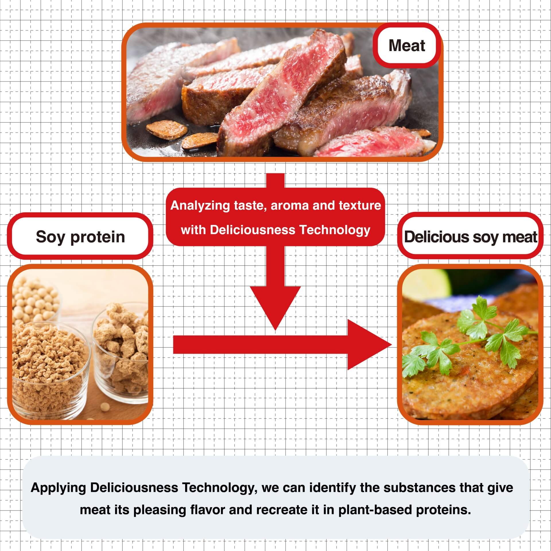 Applying Deliciousness Technology, we can identify the substances that give meat its pleasing flavor and recreate it in plant-based proteins.